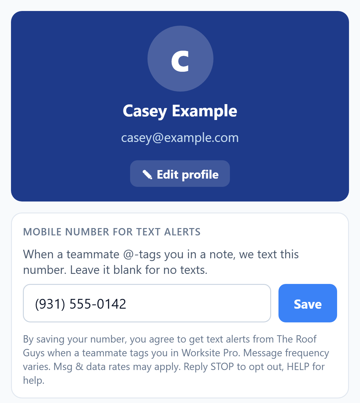 Worksite Pro iPhone app, Profile tab: the Mobile number for text alerts field with a number entered, the Save button, and the text alert consent wording under the field